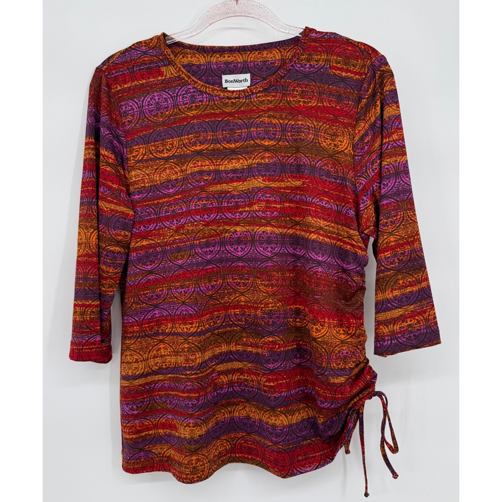 BonWorth Womens 3/4 Sleeve Side Cinch  Medallion‎ Stripe Top Orange Red Sz SP